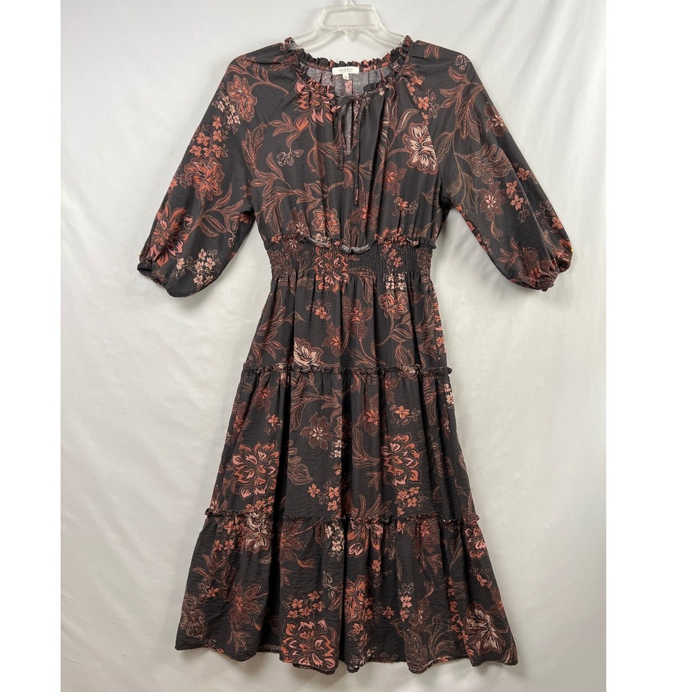 Angels Forever Young Midi Dress Womens Large Prairie Floral Boho Smocked Tiered